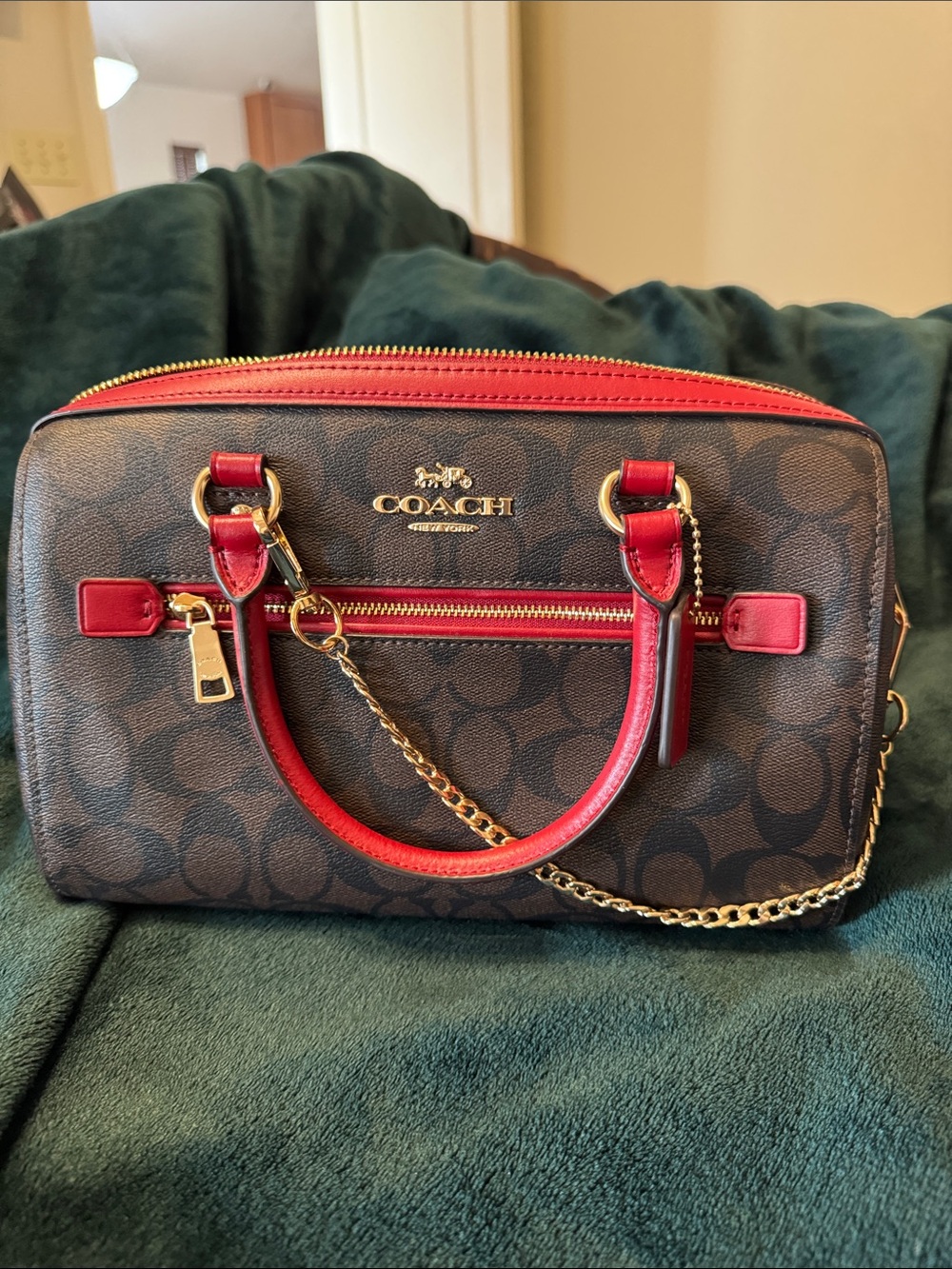 Coach Brown Signature Canvas Satchel with Red Trim